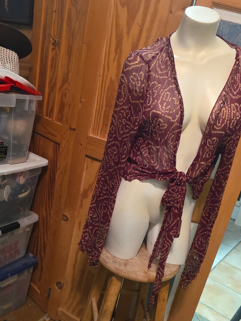 Sheer Tie-Front Burgundy Printed Camisole Cover-Up